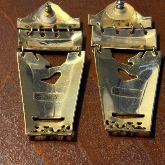 Vintage Edgar Berberi Blue Enamel Inlay and Gold Tone Pierced Earrings - Picture 5 of 8